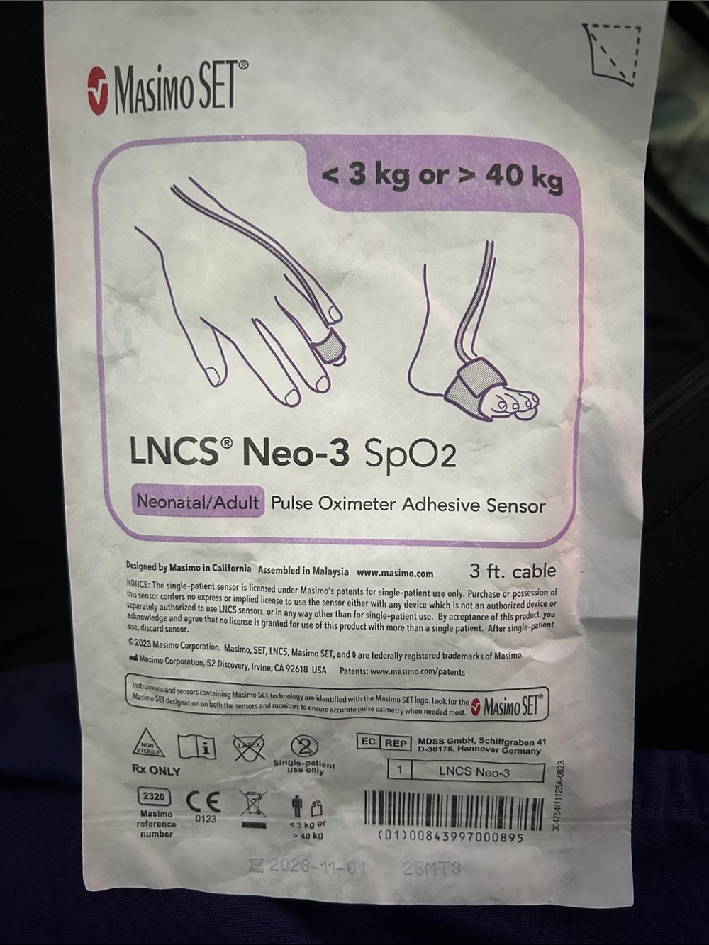 Masimo SET LNCS Neo-3 SpO2 Neonatal/Adult Pulse Oximeter Sensor - Purple/White